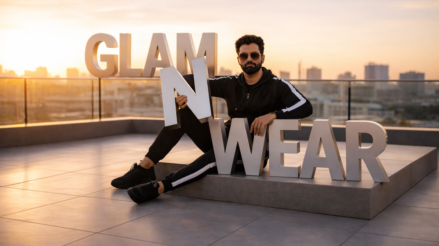 Person posing with 'GLAM N WEAR' letters on a rooftop at sunset.